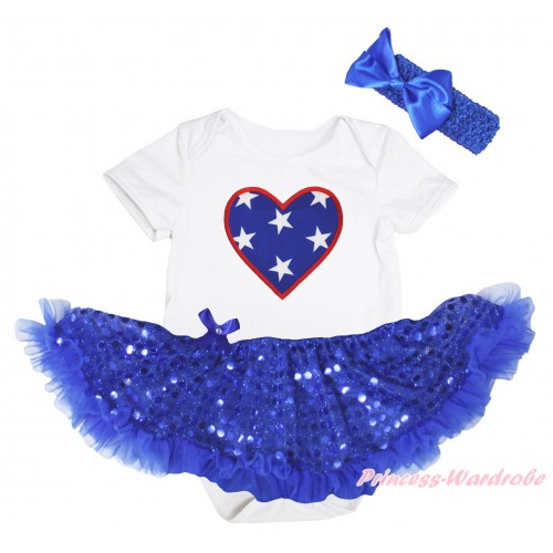 American's Birthday White Baby Bodysuit Jumpsuit Bling Royal Blue Sequins Pettiskirt & American Star Heart Print JS5236