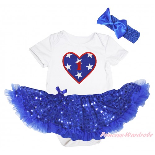 American's Birthday White Baby Bodysuit Jumpsuit Bling Royal Blue Sequins Pettiskirt & 1st Birthday Number American Star Heart Print JS5237