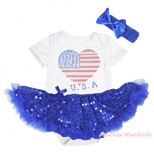 American's Birthday White Baby Bodysuit Jumpsuit Bling Royal Blue Sequins Pettiskirt & Sparkle Crystal Bling Rhinestone USA Heart Print JS5238