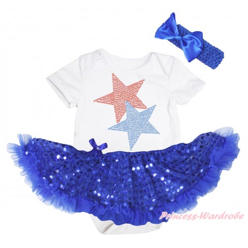 American's Birthday White Baby Bodysuit Jumpsuit Bling Royal Blue Sequins Pettiskirt & Sparkle Crystal Bling Rhinestone Red Blue Twin Star Print JS5240