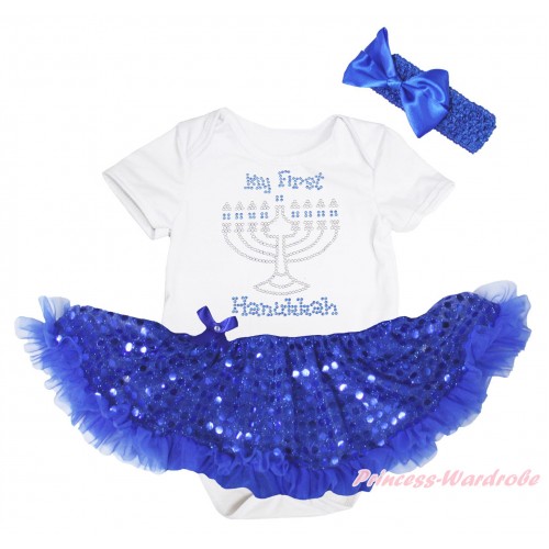 White Baby Bodysuit Bling Royal Blue Sequins Pettiskirt & Sparkle Rhinestone My First Hanukkah Print JS5241