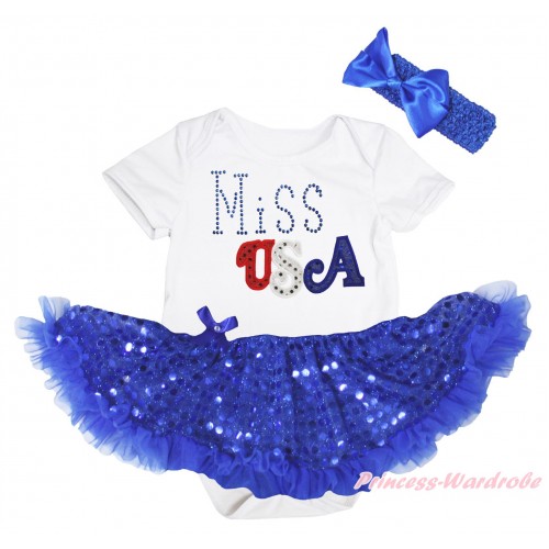 American's Birthday White Baby Bodysuit Jumpsuit Bling Royal Blue Sequins Pettiskirt & Sparkle Rhinestone Miss USA Print JS5242