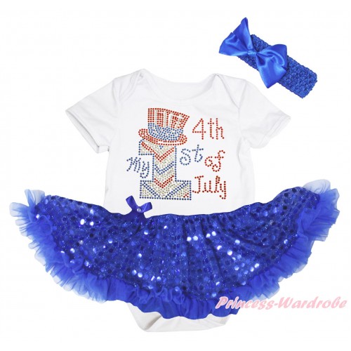 American's Birthday White Baby Bodysuit Jumpsuit Bling Royal Blue Sequins Pettiskirt & Sparkle Rhinestone My 1st American 4th Of July Print JS5243