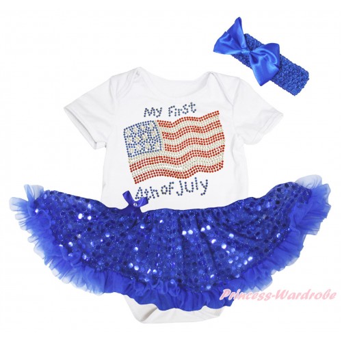 American's Birthday White Baby Bodysuit Jumpsuit Bling Royal Blue Sequins Pettiskirt & Sparkle Rhinestone My First Patriotic American 4th Of July Print JS5244