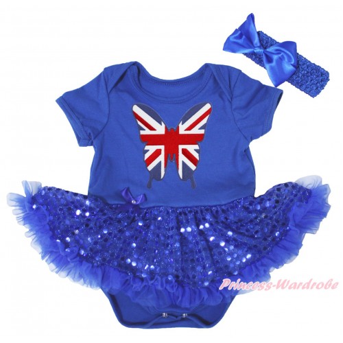 Royal Blue Baby Bodysuit Bling Sequins Pettiskirt & Patriotic British Butterfly Print JS5247