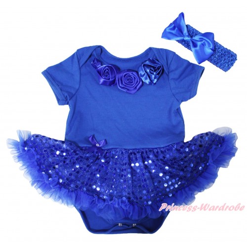 Royal Blue Baby Bodysuit Bling Sequins Pettiskirt & Royal Blue Rosettes JS5252