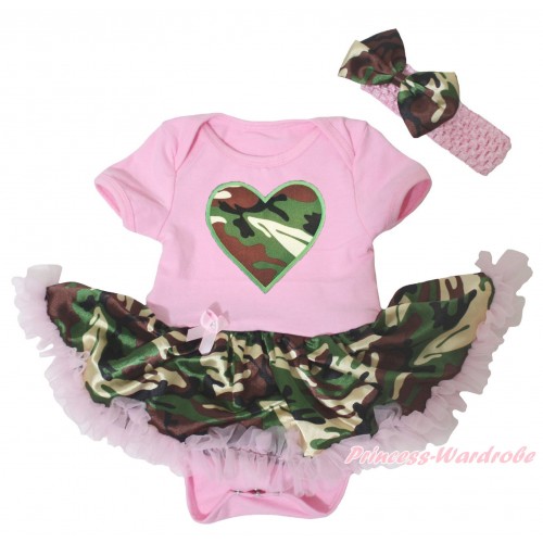 Valentine's Day Light Pink Baby Bodysuit Light Pink Camouflage Pettiskirt & Camouflage Heart Print JS5257