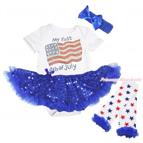 American's Birthday White Baby Bodysuit Jumpsuit Bling Royal Blue Sequins Pettiskirt & Sparkle Rhinestone My First Patriotic American 4th Of July Print & Warmers Leggings JS5260