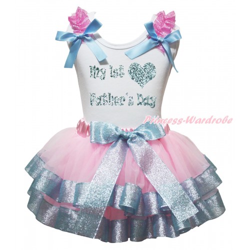 Father's Day White Pettitop Sparkle Light Pink Ruffles Light Blue Bows & My 1st Father's Day Heart Painting & Light Pink Sparkle Blue Trimmed Pettiskirt MG2170