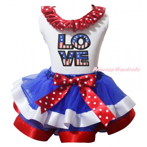 American's Birthday White Pettitop Minnie Dots Lacing & Bow & Sparkle American LOVE Print & Royal Blue Red White Trimmed Pettiskirt MG2175