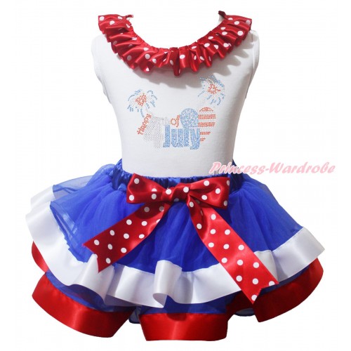 American's Birthday White Pettitop Minnie Dots Lacing & Bow & Rhinestone Happy 4th Of July Print & Royal Blue Red White Trimmed Pettiskirt MG2176