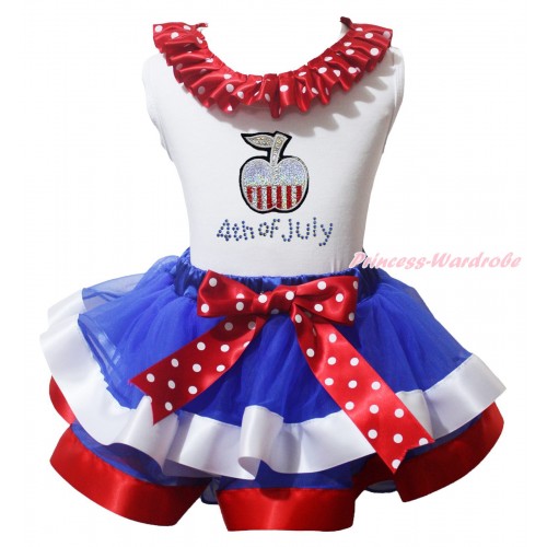 American's Birthday White Pettitop Minnie Dots Lacing & Bow & Rhinestone 4th Of July Sparkle Apple Print & Royal Blue Red White Trimmed Pettiskirt MG2177