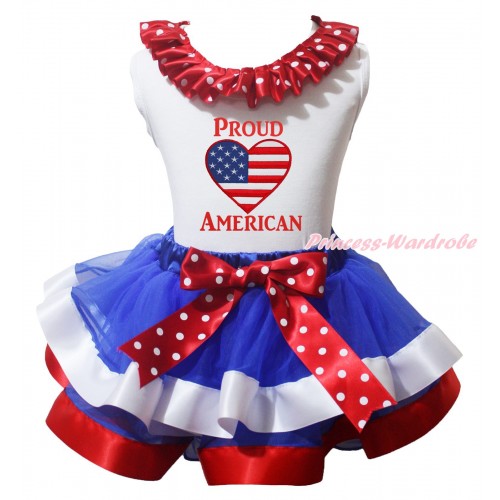 American's Birthday White Pettitop Minnie Dots Lacing & Bow & Patriotic American Heart Proud American Painting & Royal Blue Red White Trimmed Pettiskirt MG2178
