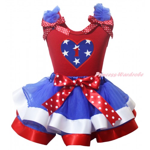 American's Birthday Red Pettitop Royal Blue Ruffles Minnie Dots Bow & American Star Heart 1st Birthday Number Print & Royal Blue White Red Trimmed Pettiskirt MG2184