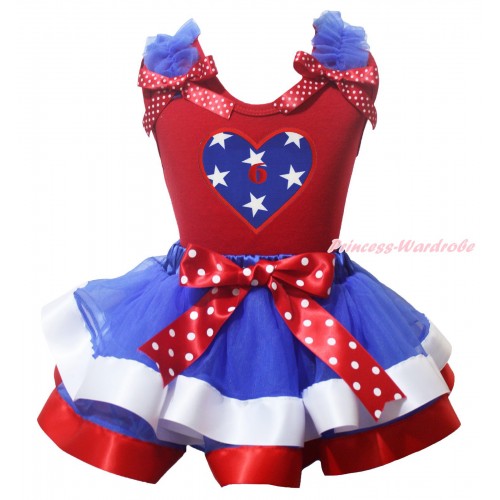 American's Birthday Red Pettitop Royal Blue Ruffles Minnie Dots Bow & American Star Heart 6th Birthday Number Print & Royal Blue White Red Trimmed Pettiskirt MG2189