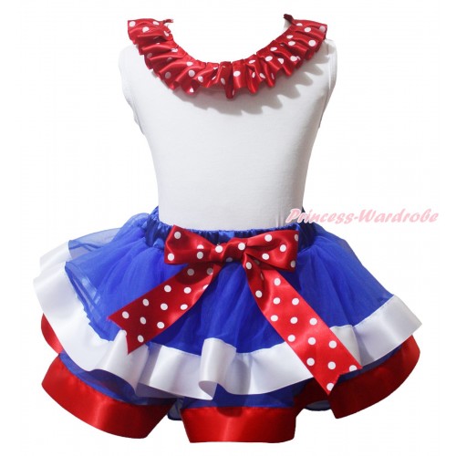 American's Birthday White Baby Pettitop Minnie Dots Lacing & Bow & Royal Blue Red White Trimmed Baby Pettiskirt NG2078