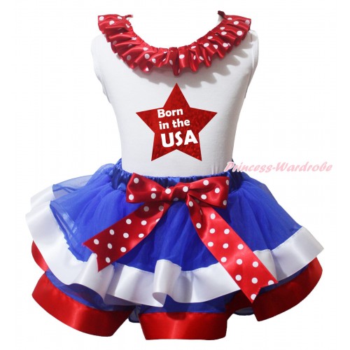 American's Birthday White Baby Pettitop Minnie Dots Lacing & Bow & Born In The USA Painting & Royal Blue Red White Trimmed Baby Pettiskirt NG2080