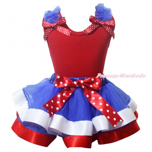 American's Birthday Red Baby Pettitop Royal Blue Ruffles Minnie Dots Bow & Royal Blue White Red Trimmed Baby Pettiskirt NG2086