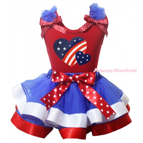 American's Birthday Red Baby Pettitop Royal Blue Ruffles Minnie Dots Bow & Patriotic American Heart Painting & Royal Blue White Red Trimmed Baby Pettiskirt NG2087