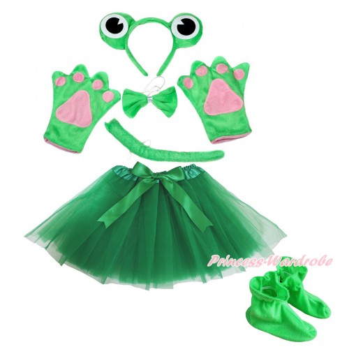 Frog 4 Piece Set in Ear Headband, Tie, Tail , Paw & Shoes & Kelly Green Ballet Tutu & Bow PC107
