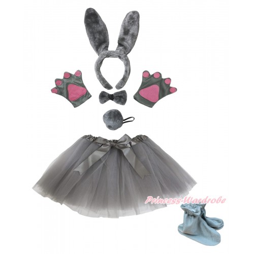 Rabbit 4 Piece Set in Headband, Tie, Tail , Paw & Shoes & Grey Ballet Tutu & Bow  PC112