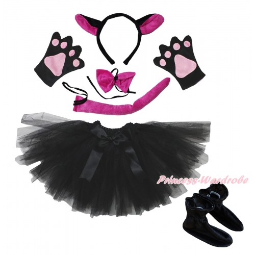 Hot Pink Wolf 4 Piece Set in Headband, Tie, Tail , Paw & Shoes & Black Ballet Tutu & Bow PC113