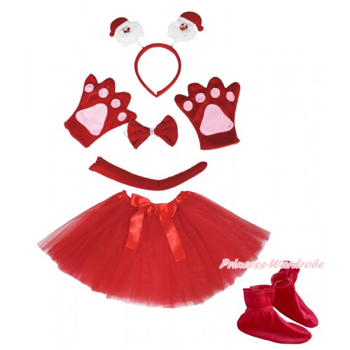 Xmas Santa Claus 4 Piece Set in Ear Headband, Tie, Tail , Paw & Shoes & Red Ballet Tutu & Bow PC118