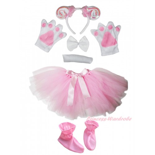 Light Pink White Sheep 4 Piece Set in Ear Headband, Tie, Tail , Paw & Shoes & Light Pink Ballet Tutu & Bow PC119