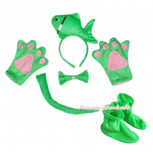 Green Sea Fish 4 Piece Set in Ear Headband, Tie, Tail , Paw & Shoes PC122