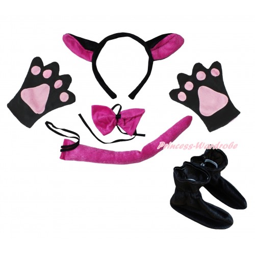 Hot Pink Wolf 4 Piece Set in Headband, Tie, Tail , Paw & Shoes PC133