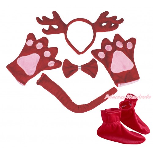 Xmas Red Reindeer 4 Piece Set in Ear Headband, Tie, Tail , Paw & Shoes PC137