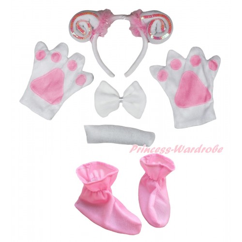Light Pink White Sheep 4 Piece Set in Ear Headband, Tie, Tail , Paw & Shoes PC139