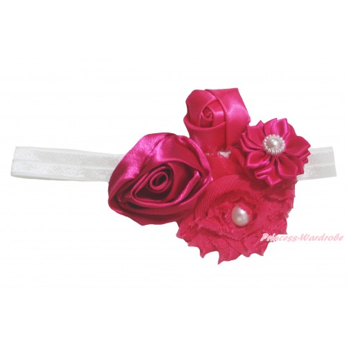 White Headband & Bunch Of Hot Pink Vintage Garden Pearl Rosettes Flower H1057