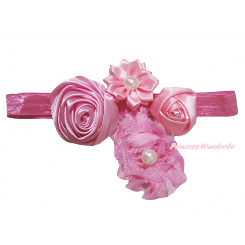 Dusty Pink Headband & Bunch Of Dusty Pink Vintage Garden Pearl Rosettes Flower H1058