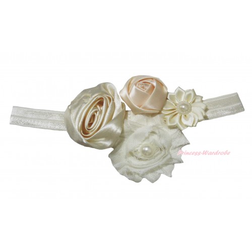Cream White Headband & Bunch Of  Cream White Vintage Garden Pearl Rosettes Flower H1059