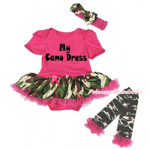Hot Pink Baby Bodysuit Jumpsuit Hot Pink Camouflage Pettiskirt & My Camo Dress Painting & Warmers Leggings JS5424