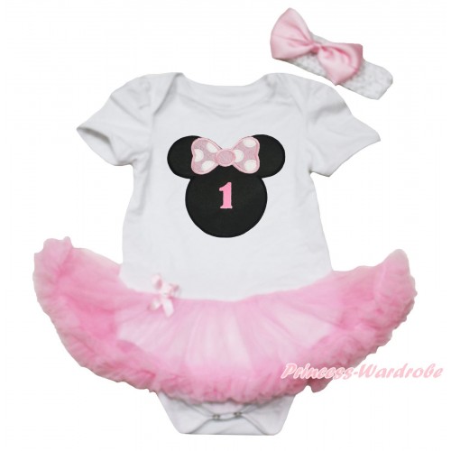 White Baby Bodysuit Light Pink Pettiskirt & 1st Birthday Number Light Pink Minnie Print JS5431