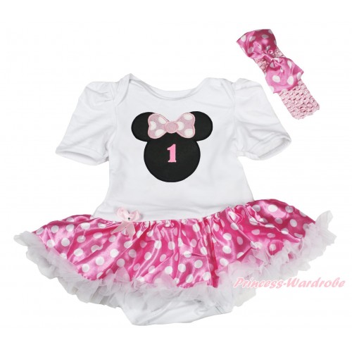 White Baby Bodysuit Hot Pink White Dots Pettiskirt & 1st Birthday Number Light Pink Minnie Print JS5446