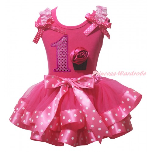 Hot Pink Pettitop Light Pink Ruffles Hot Pink White Dots Bow & 1st Sparkle Hot Pink Birthday Number & Rose Cupcake Print & Hot Pink White Dots Trimmed Pettiskirt MG2252