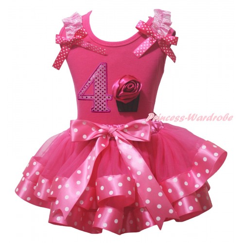 Hot Pink Pettitop Light Pink Ruffles Hot Pink White Dots Bow & 4th Sparkle Hot Pink Birthday Number & Rose Cupcake Print & Hot Pink White Dots Trimmed Pettiskirt MG2255