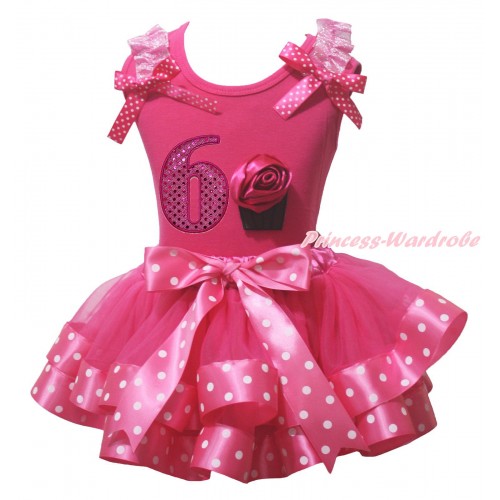 Hot Pink Pettitop Light Pink Ruffles Hot Pink White Dots Bow & 6th Sparkle Hot Pink Birthday Number & Rose Cupcake Print & Hot Pink White Dots Trimmed Pettiskirt MG2257