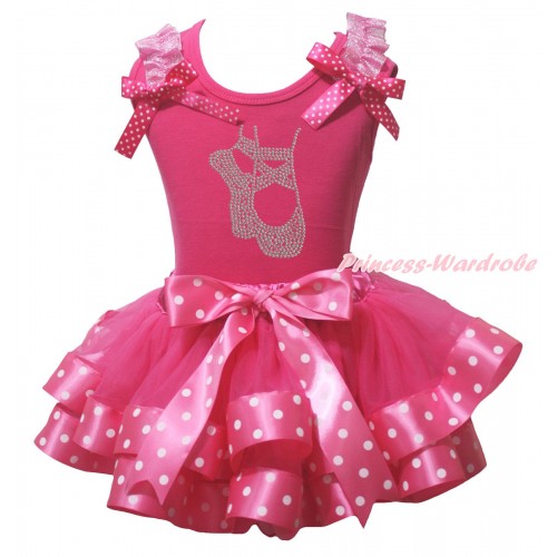 Hot Pink Baby Pettitop Light Pink Ruffles Hot Pink White Dots Bow & Ballet Shoes Print & Hot Pink White Dots Trimmed Baby Pettiskirt NG2123