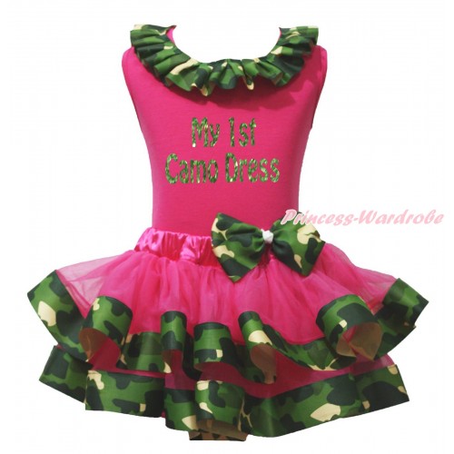 Hot Pink Baby Pettitop Camouflage Lacing & My 1st Camo Dress Painting & Hot Pink Camouflage Trimmed Newborn Pettiskirt NG2135