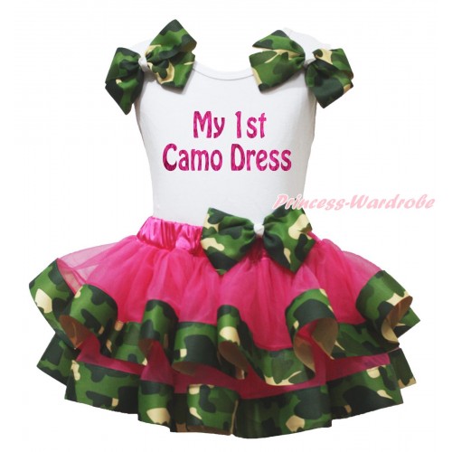 White Baby Pettitop Camouflage Bows & My 1st Camo Dress Painting & Hot Pink Camouflage Trimmed Baby Pettiskirt NG2137