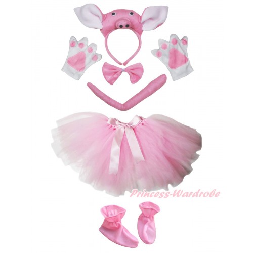 Piglet 4 Piece Set in Headband, Tie, Tail , Paw & Shoes & Light Pink Ballet Tutu & Bow PC153