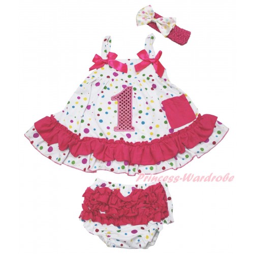 White Rainbow Dots Swing Top Hot Pink Bow & 1st Sparkle Light Pink Birthday Number Print & Panties Bloomers & Headband SP45
