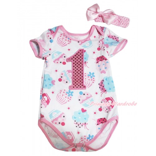 White Cake Light Pink Piping Baby Jumpsuit & 1st Sparkle Light Pink Birthday Number Print & Headband TH721