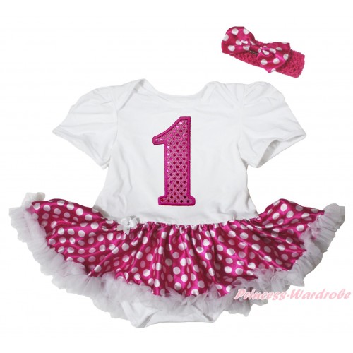White Baby Bodysuit Hot Pink White Dots Pettiskirt & 1st Sparkle Birthday Number Print JS5111