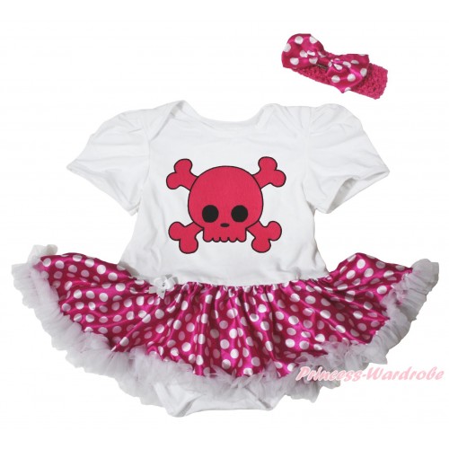 Halloween White Baby Bodysuit Hot Pink White Dots Pettiskirt & Hot Pink Skeleton Print JS5112