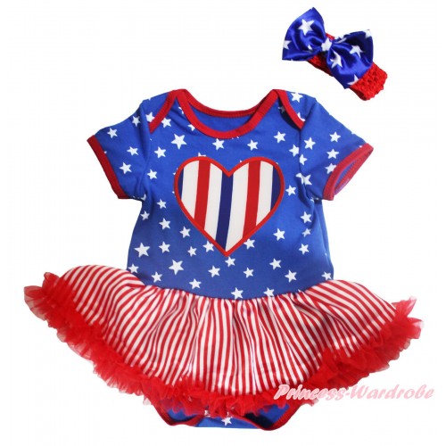 American's Birthday Royal Blue White Star Baby Bodysuit Jumpsuit White Red Striped Pettiskirt & White Blue Red Striped Heart Print JS5127